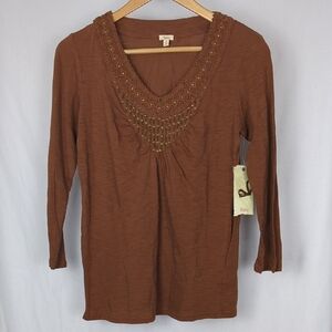 REBA Western Inspired Smocked Beaded Brown Stretch Fitted Top